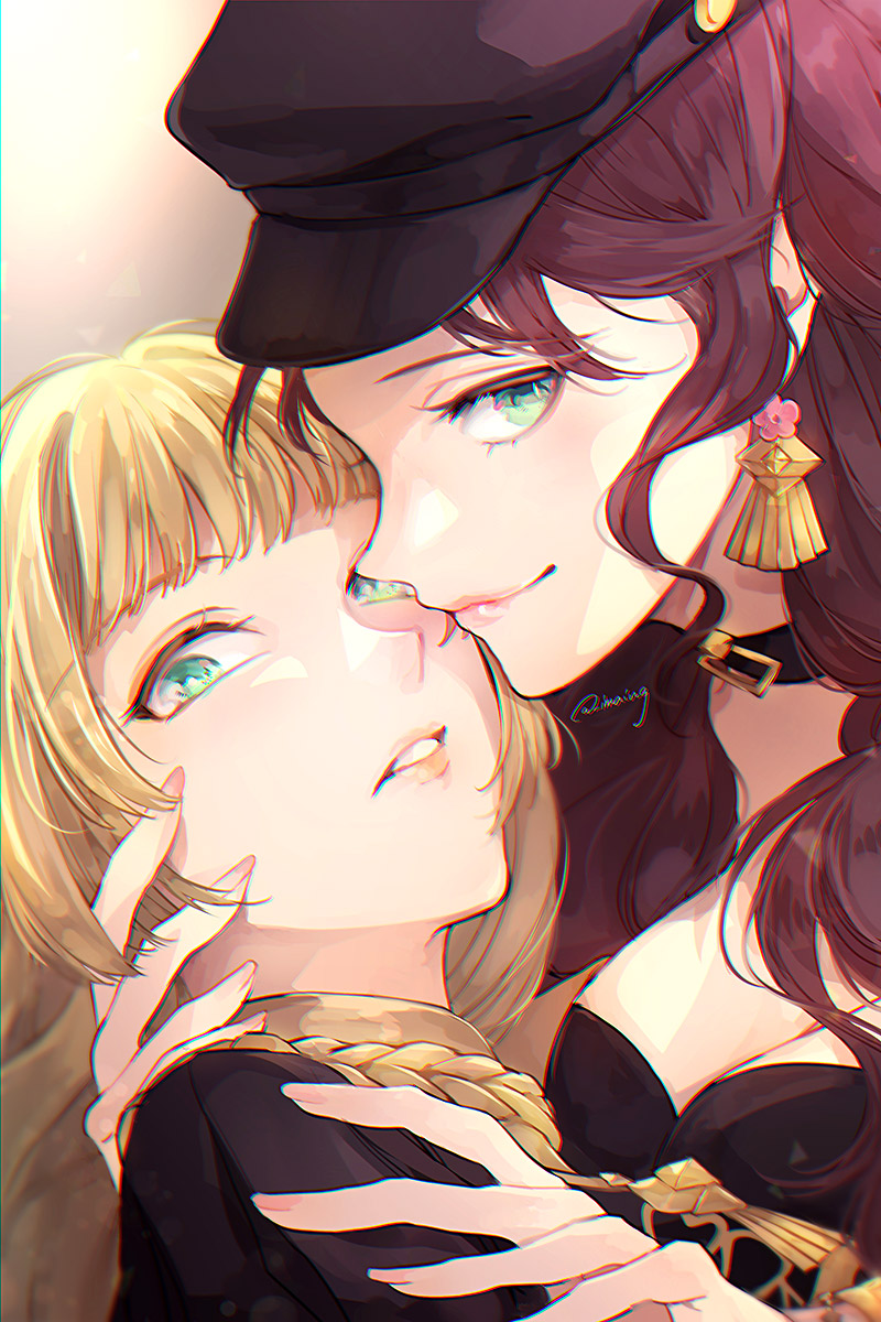 2girls, black_headwear, blonde_hair, brown_hair, choker, closed_mouth, dorothea_arnault, earrings, fire_emblem, fire_emblem:_three_houses, from_side, green_eyes, hat, highres, ingrid_brandl_galatea, jewelry, long_hair, multiple_girls, nintendo, parted_lips, shinsuke_(moccori), smile, twitter_username, yuri