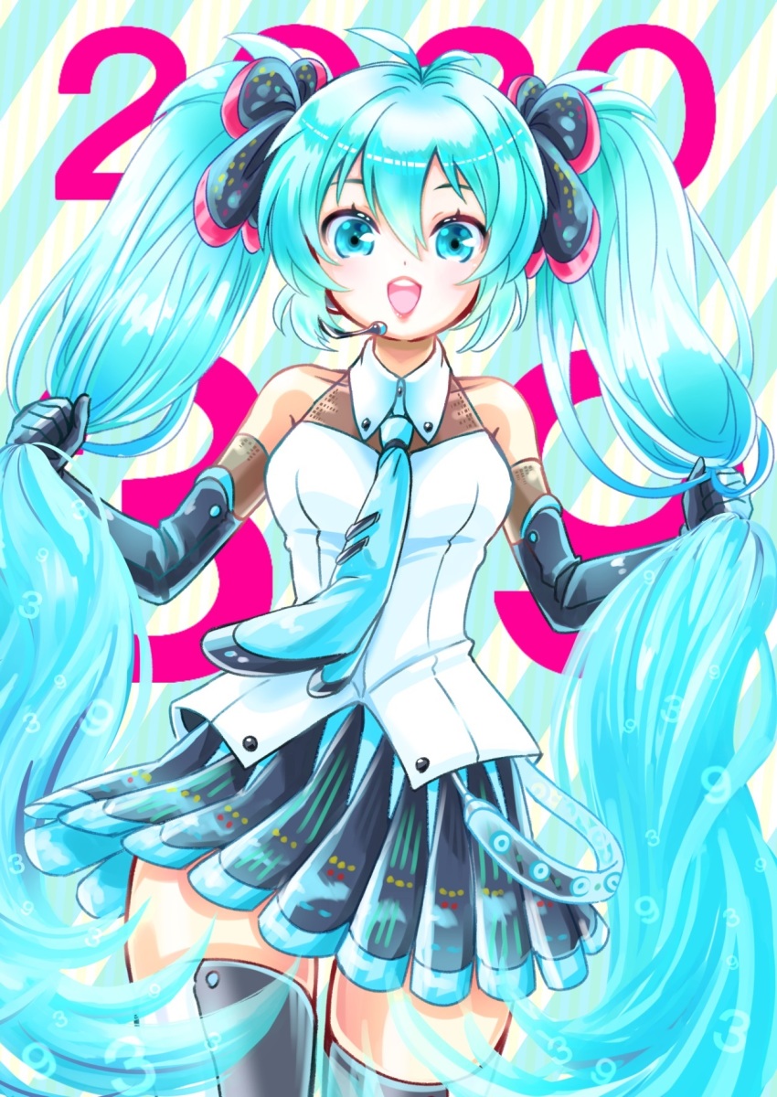 1girl, 39, 2020, absurdly_long_hair, aqua_eyes, aqua_hair, aqua_necktie, artist_name, artist_request, bare_shoulders, black_skirt, black_sleeves, black_thighhighs, blue_eyes, blue_hair, blue_necktie, blush, breasts, collared_shirt, detached_sleeves, female_focus, hair_between_eyes, hair_ornament, hatsune_miku, headphones, headset, highres, holding, holding_own_hair, long_hair, long_sleeves, looking_at_viewer, necktie, parted_lips, pleated_skirt, shifon29chiffon, shirt, skirt, sleeveless, sleeveless_shirt, sleeves_past_fingers, sleeves_past_wrists, small_breasts, solo, thighhighs, twintails, very_long_hair, vocaloid, white_shirt