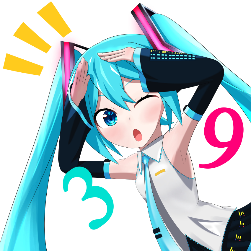 1girl, :o, absurdly_long_hair, absurdres, aqua_eyes, aqua_hair, aqua_necktie, artist_name