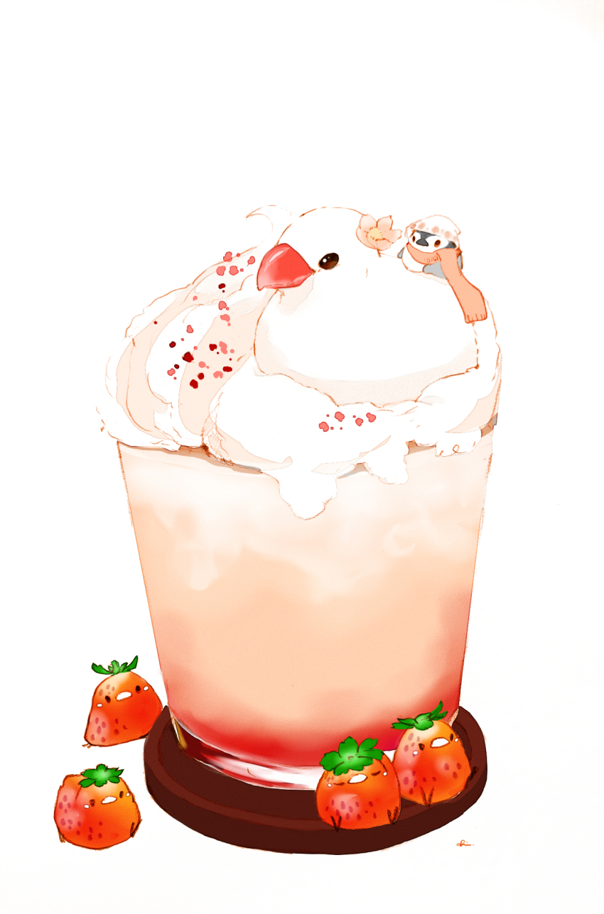 6+others, artist_name, bird, cafe_au_lait, chai_(drawingchisanne), cherry_blossoms, commentary_request, cup, drinking_glass, food, food_focus, fruit, hat, highres, multiple_others, no_humans, original, penguin, scarf, simple_background, sitting_on_food, strawberry, undersized_animal, whipped_cream, white_background