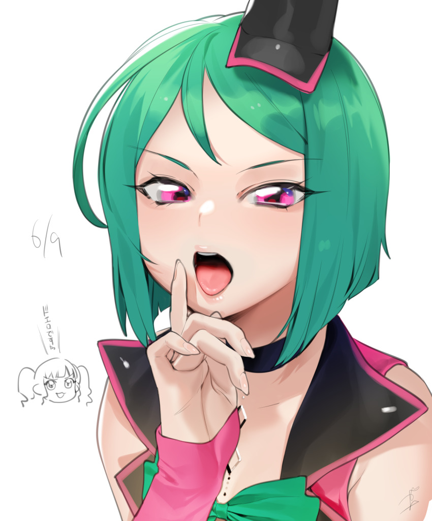 1girl, akagi_anna, black_hat, chibi, chibi_inset, dated, female_focus, fingernails