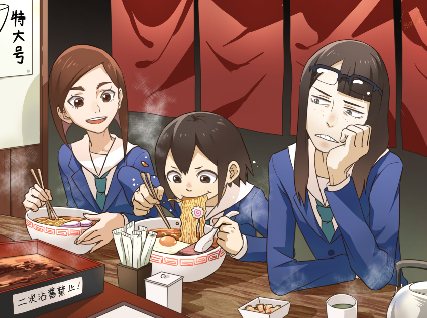 3girls, absurdres, asakusa_midori, asymmetrical_bangs, blazer, bowl, brown_eyes, brown_hair