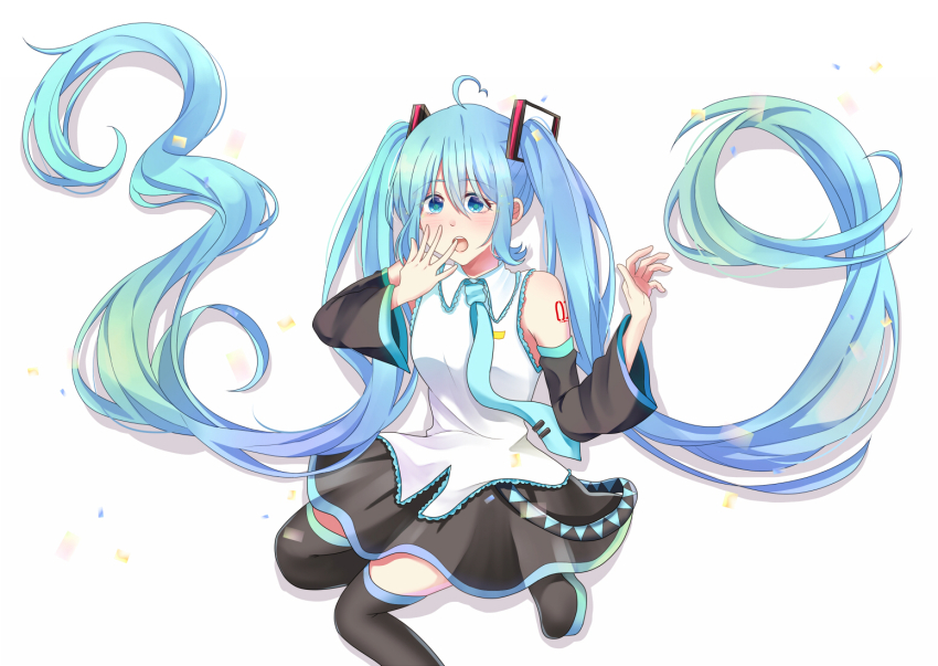 1girl, 39, :o, absurdly_long_hair, aqua_eyes, aqua_hair, aqua_necktie, artist_name, artist_request, bare_shoulders, black_boots, black_skirt, black_sleeves, black_thighhighs, blue_eyes, blue_hair, blue_necktie, blush, boots, breasts, collared_shirt, detached_sleeves, female_focus, hair_between_eyes, hair_ornament, hatsune_miku, hinanorion, hinanorion2525, long_hair, long_sleeves, looking_at_viewer, necktie, parted_lips, pleated_skirt, shirt, skirt, sleeveless, sleeveless_shirt, sleeves_past_fingers, sleeves_past_wrists, small_breasts, solo, standing, standing_on_one_leg, thigh_boots, thigh_gap, thighhighs, twintails, very_long_hair, vocaloid, white_background, white_shirt