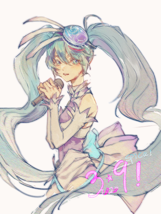 1girl, 39, absurdly_long_hair, aqua_eyes, aqua_hair, artist_name, artist_request, back_bow, bare_shoulders, blue_eyes, blue_hair, bow, chyhya, dress, female_focus, frilled_dress, frills, hat, hatsune_miku, holding, holding_microphone, long_hair, microphone, mini_hat, parted_lips, smile, solo, spica_(vocaloid), twintails, very_long_hair, vocaloid, white_background
