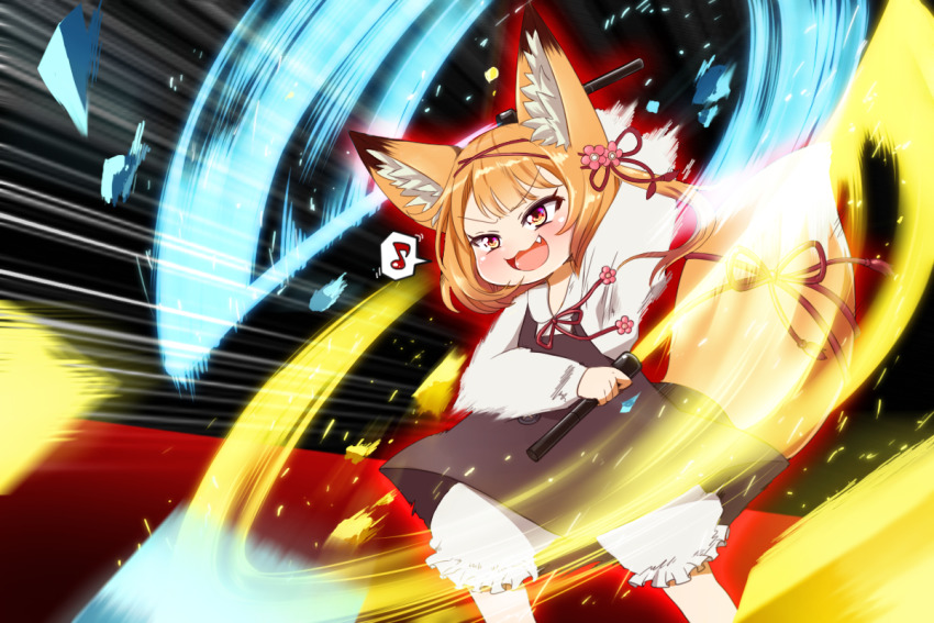 animal_ears, beat_saber, blush, child, commentary_request, energy_sword, f09fa4aa, fang, fox_ears, fox_tail, koume_(beat_saber), koume_(vrchat), lightsaber, open_mouth, solo, sword, tail, vrchat, weapon