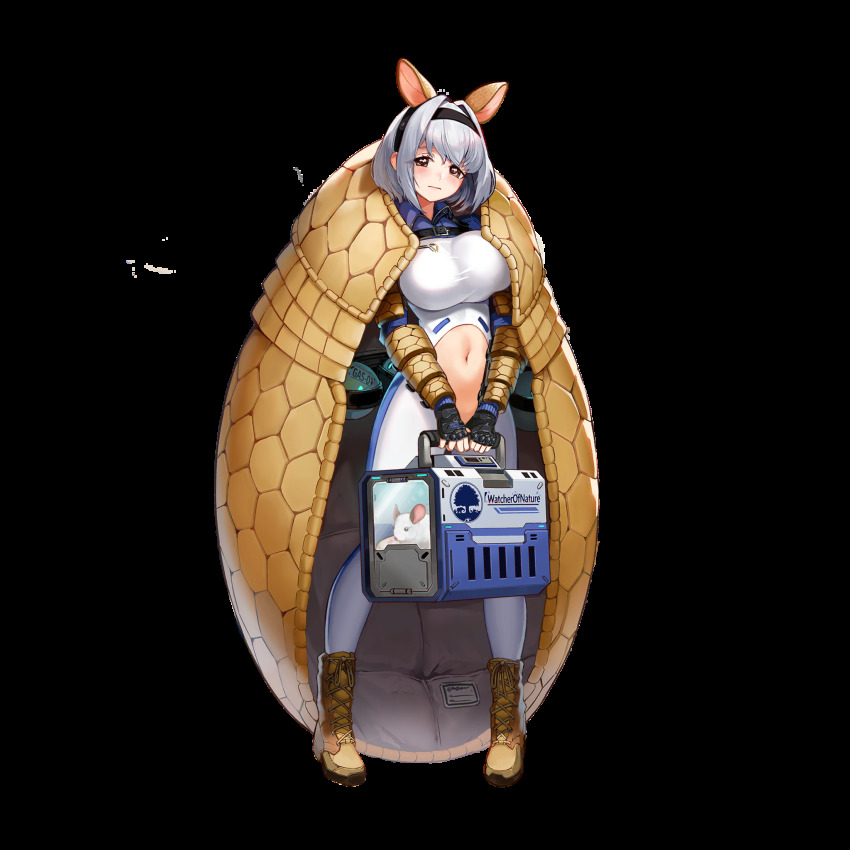 1girl, animal, armadillo_ears, armadillo_shell, blush, bodysuit, boots, breasts, chinchilla_(animal), clothing_cutout, female_focus, full_body, game_cg, hair_intakes, hairband, highres, large_breasts, last_origin, looking_at_viewer, mr.yun, navel, navel_cutout, official_art, saetti, shell, short_hair, silver_hair, solo, tachi-e, tareme, transparent_background, wavy_mouth