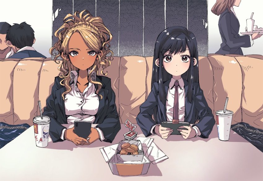 2boys, 3girls, bag, black_eyes, black_hair, black_jacket, blazer, blonde_hair, book, braid, breasts, brown_eyes, button_gap, cellphone, chicken_nuggets, closed_mouth, commentary_request, couch, cup, dark_skin, disposable_cup, dot_mouth, dress_shirt, drinking_straw, faceless, faceless_male, fast_food, food_court_de_mata_ashita, formal_clothes, gyaru, holding, holding_book, holding_phone, jacket, ketchup, large_breasts, long_sleeves, looking_at_viewer, mcdonald's, multiple_boys, multiple_girls, nail_polish, nariie_shin'ichirou, necktie, phone, ponytail, ponytail_with_braided_base, pov_across_table, restaurant, school_uniform, shirt, sitting, smartphone, straight_hair, swept_bangs, table, wada_(food_court), wavy_hair, white_nails, white_shirt, x_mouth, yamamoto_(food_court)