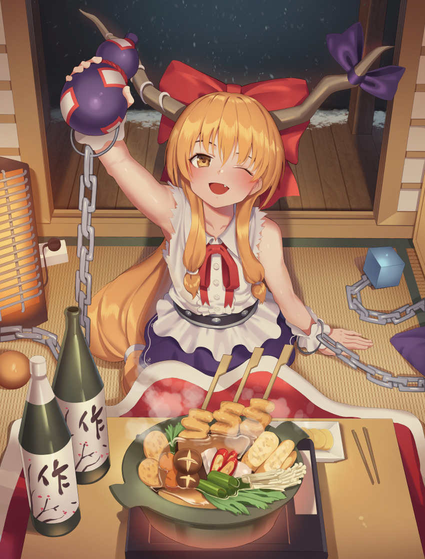 1girl, absurdres, arm_up, bare_arms, bare_shoulders, blue_bow, bottle, bow, brown_eyes, chain, chopsticks, cube, cuffs, enoki_mushroom, fang, female_focus, food, from_above, goback, gourd, hair_between_eyes, hair_bow, heater, highres, holding, horn_bow, horn_ornament, horn_ribbon, horns, hotpot, huge_filesize, ibuki_suika, indoors, kotatsu, long_hair, looking_at_viewer, low-tied_long_hair, mushroom, nabe, night, one_eye_closed, oni, open_mouth, orange_hair, orb, red_bow, ribbon, shackles, shiitake, shirt, shouji, sitting, skirt, sleeveless, sleeveless_shirt, sliding_doors, smile, snow, snowing, solo, steam, table, torn_clothes, torn_sleeves, touhou, very_long_hair, white_shirt