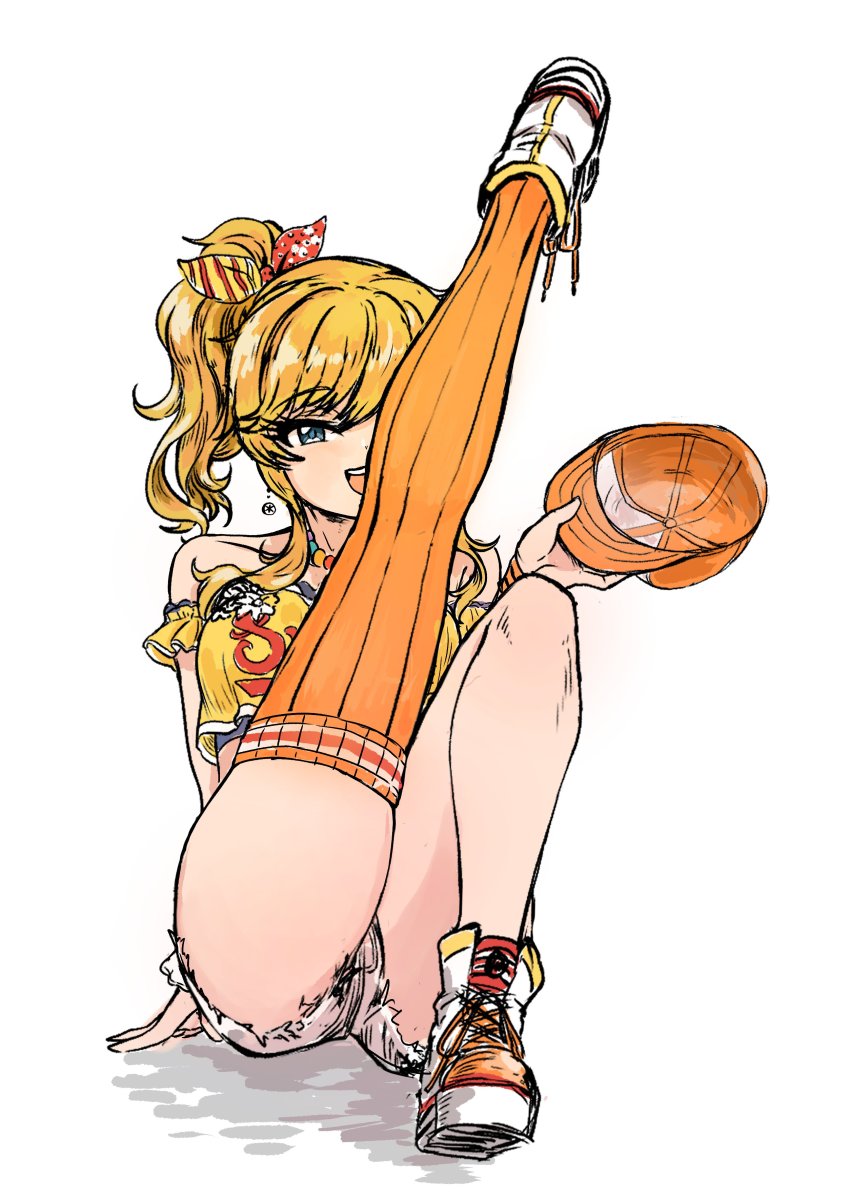 1girl, :d, absurdres, amekaji_gyaru, arm_support, ass, asymmetrical_legwear, bare_shoulders