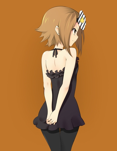00s, 1girl, arms_behind_back, back, bad_id, bad_pixiv_id, bare_shoulders, brown_hair