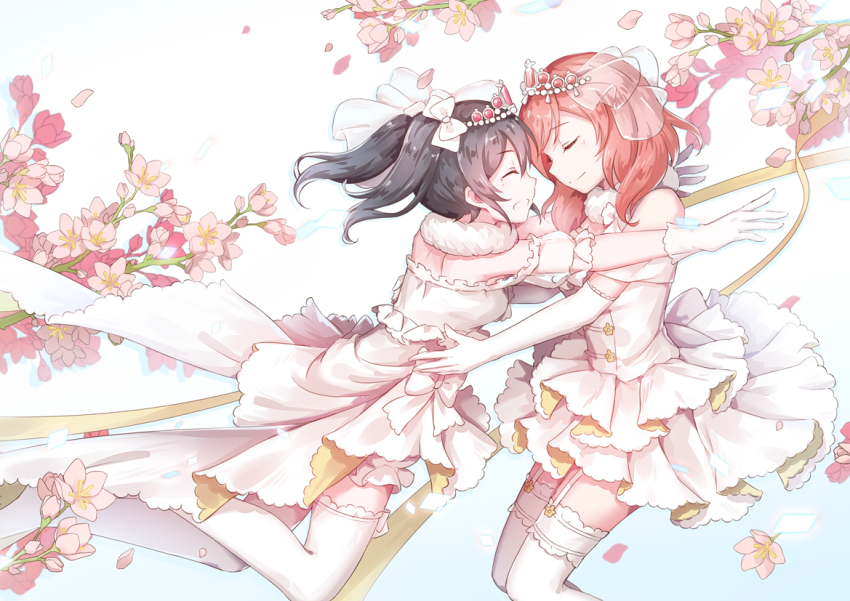 2girls, bare_shoulders, black_hair, blush, dress, elbow_gloves, closed_eyes, female_focus