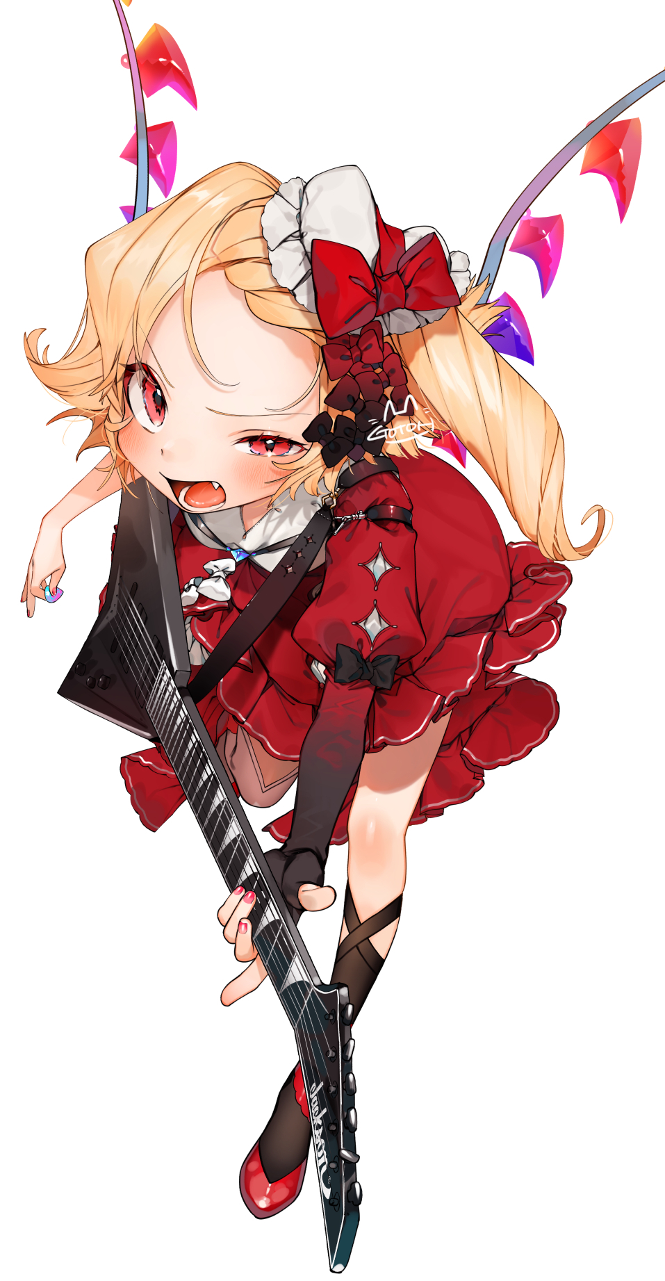 1girl, black_gloves, black_socks, blonde_hair, blush, bow, commentary_request, crystal