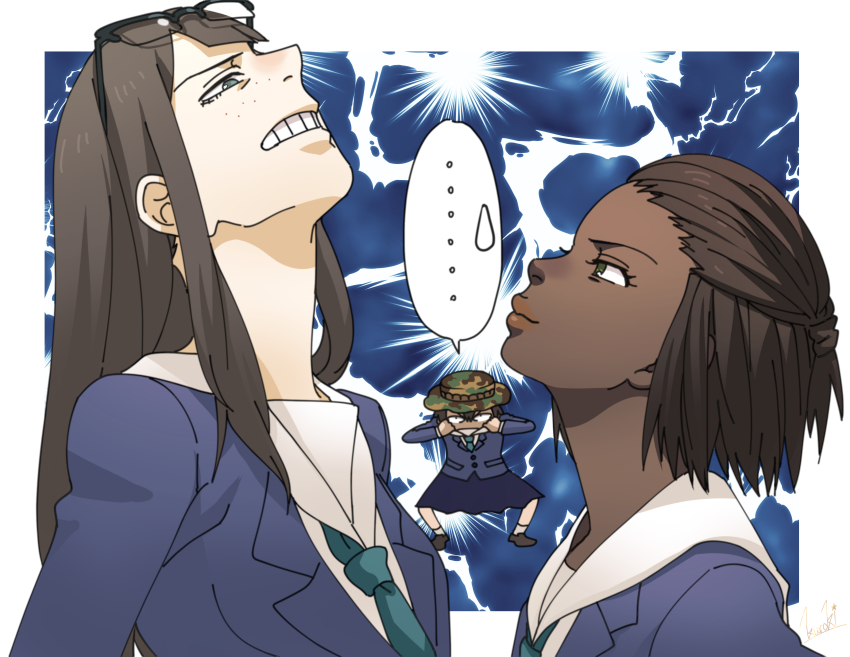 ..., 3girls, absurdres, asakusa_midori, asymmetrical_bangs, black_hair, blazer, blue_eyes