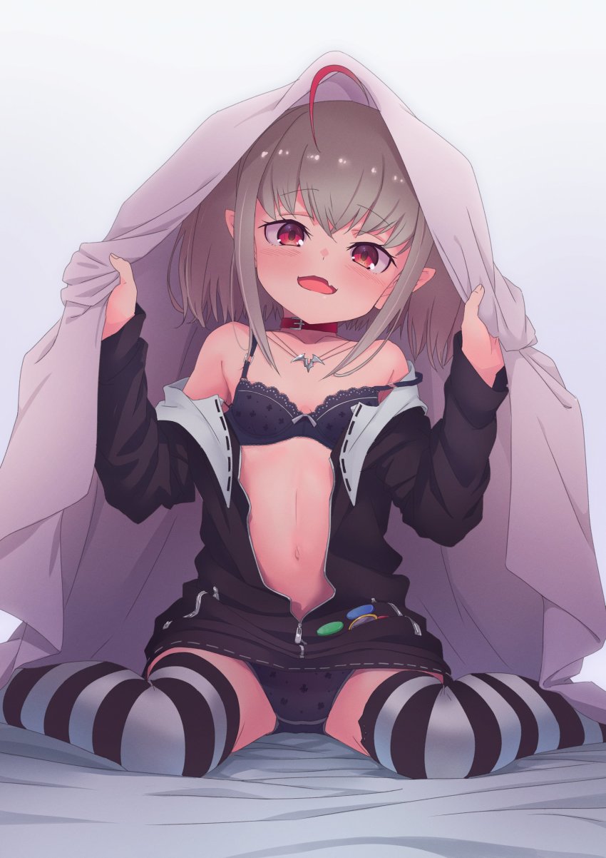 1girl, absurdres, ahoge, badge, bare_shoulders, bed_sheet, black_bra, black_panties