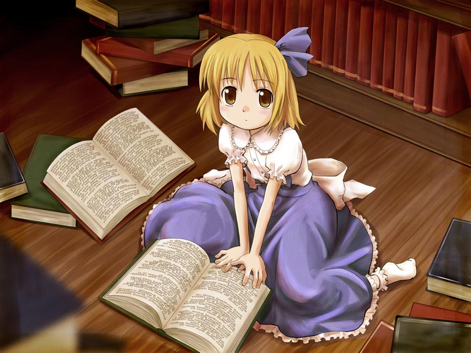 1girl, alice_margatroid, alice_margatroid_(pc-98), blonde_hair, blouse, blush, book, bow