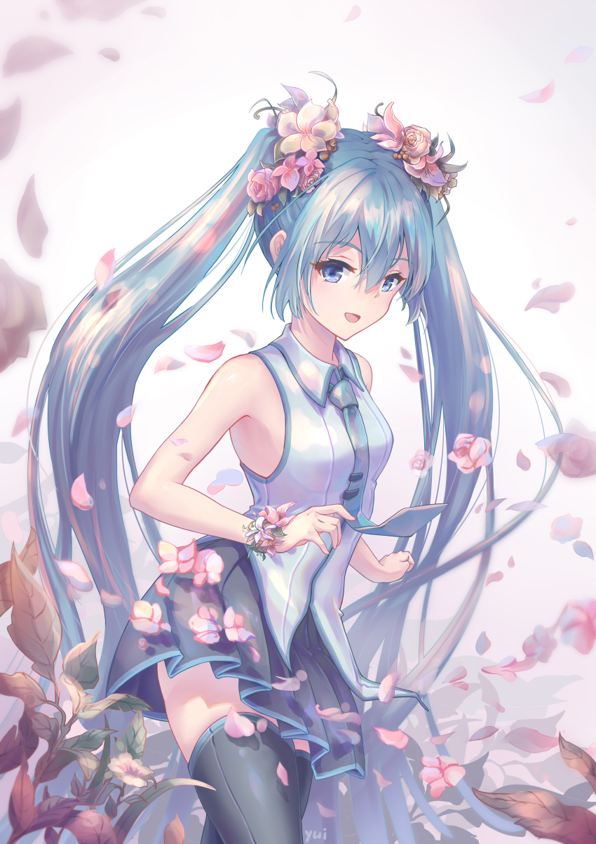 1girl, 34341211, absurdres, black_skirt, black_thighhighs, blue_eyes, blue_hair, bracelet