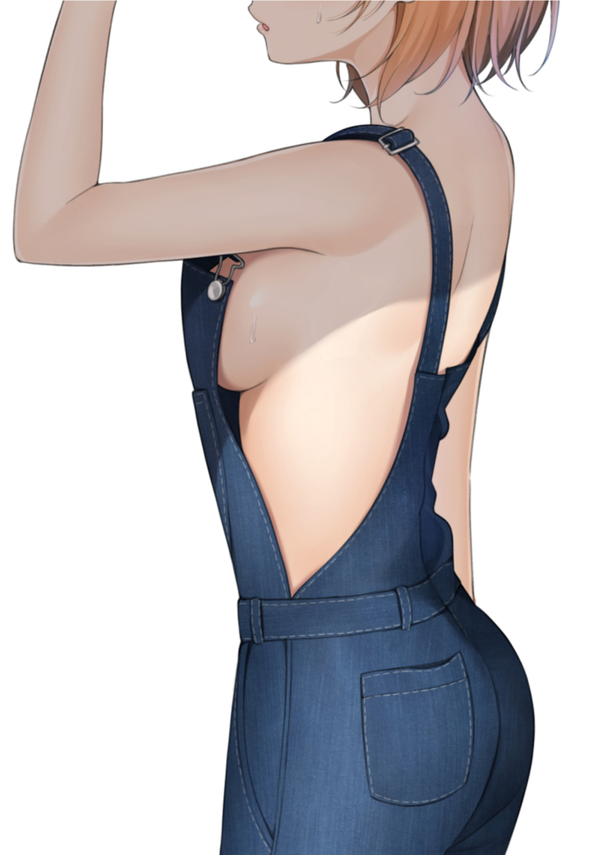 1girl, arm_up, ass, bare_arms, bare_shoulders, blonde_hair, breasts, denim, djeeta_(granblue_fantasy), female_focus, from_side, granblue_fantasy, head_out_of_frame, highres, mechanic_(granblue_fantasy), medium_breasts, mottsun_(i_40y), naked_overalls, overalls, parted_lips, short_hair, sideboob, simple_background, solo, sweat, white_background
