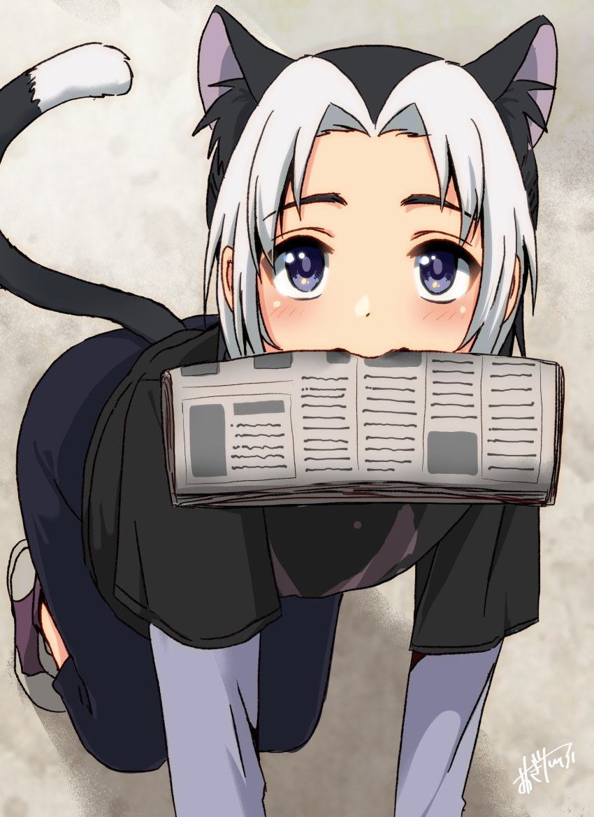 1boy, all_fours, animal_ears, blue_eyes, blush, cat_boy, cat_ears, highres