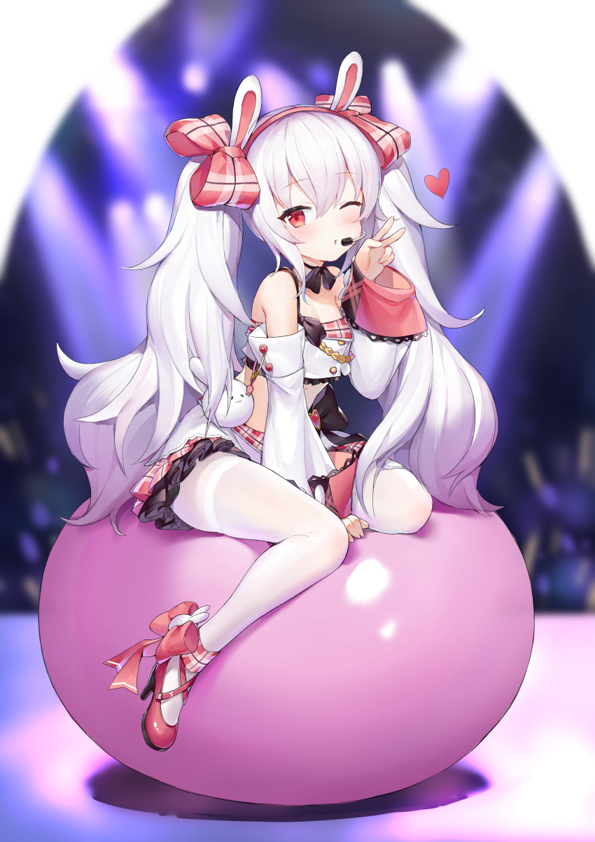 1girl, ;o, absurdres, animal_ears, azur_lane, ball, bare_shoulders, between_legs, black_choker, black_ribbon, blurry, blurry_background, blush, bow, breasts, choker, cleavage, collarbone, commentary_request, crop_top, depth_of_field, detached_sleeves, exercise_ball, fake_animal_ears, female_focus, frilled_skirt, frills, full_body, hair_between_eyes, hair_bow, hairband, hand_between_legs, headset, heart, high_heels, highres, laffey_(azur_lane), laffey_(bunny_idol_@unmotivated)_(azur_lane), long_hair, long_sleeves, miniskirt, mo_xiaoxue, one_eye_closed, pantyhose, parted_lips, plaid_bow, plaid_clothes, plaid_skirt, pleated_skirt, rabbit_ears, red_bow, red_eyes, red_footwear, red_hairband, red_skirt, ribbon, ribbon_choker, silver_hair, sitting, skirt, small_breasts, solo, stage_lights, thighband_pantyhose, twintails, v, very_long_hair, white_pantyhose
