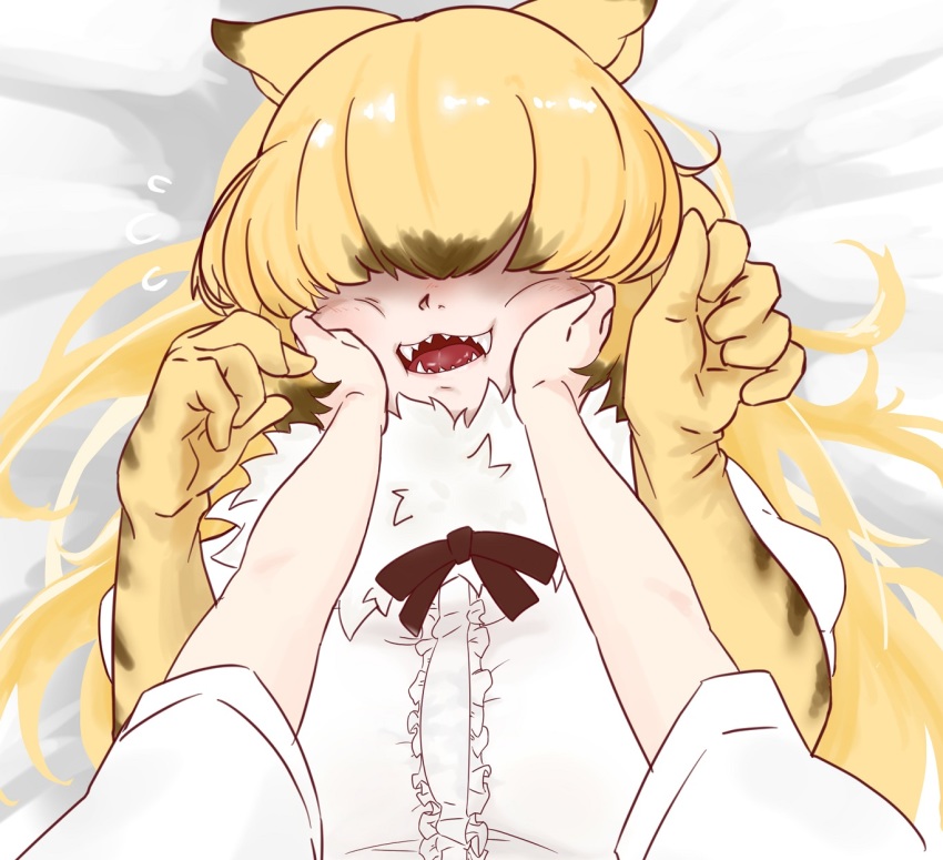 2girls, animal_ears, arai-san_mansion, blonde_hair, blush, carnivore_(kemono_friends)_(abubu), commentary, elbow_gloves