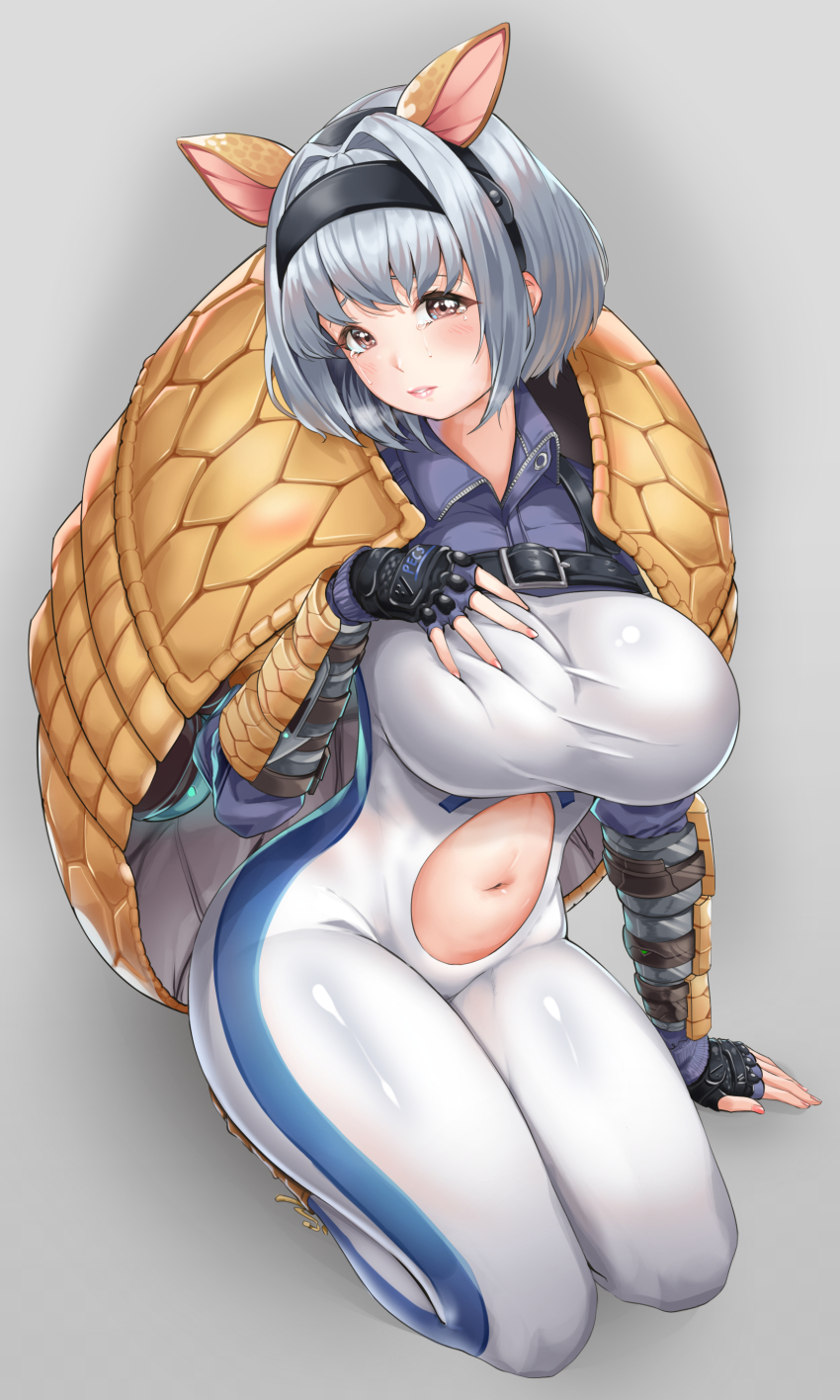 1girl, absurdres, armadillo_ears, armadillo_shell, blush, bodysuit, breasts, chest_belt, chest_strap, clothing_cutout, female_focus, fingerless_gloves, full_body, gloves, hairband, highres, large_breasts, last_origin, looking_at_viewer, navel, navel_cutout, saetti, short_hair, silver_hair, sodmango, solo, tears