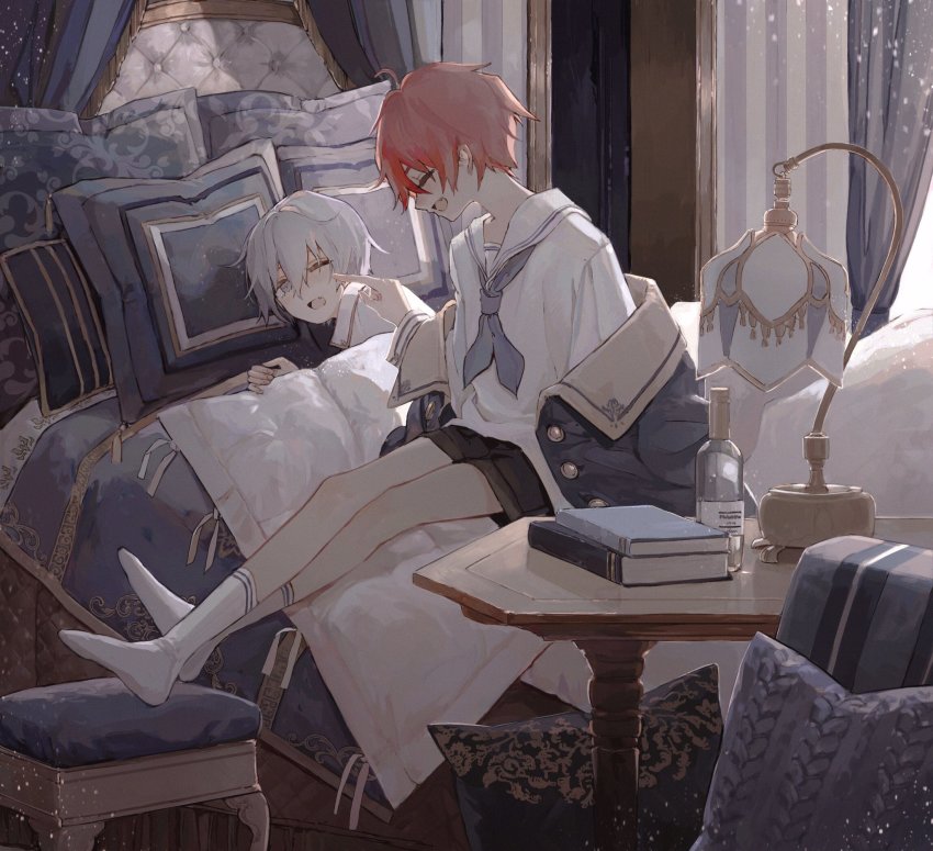 2boys, ahoge, bed, bedroom, black_footwear, blue_eyes, blue_hair, blue_jacket, book, bottle, cheek_poking, closed_eyes, denn_(naluse_flow), fang, highres, indoors, jacket, lying, male_focus, multiple_boys, one_eye_closed, open_mouth, original, pillow, poking, red_hair, sailor_collar, sailor_shirt, shirt, sitting, smile, table, white_legwear