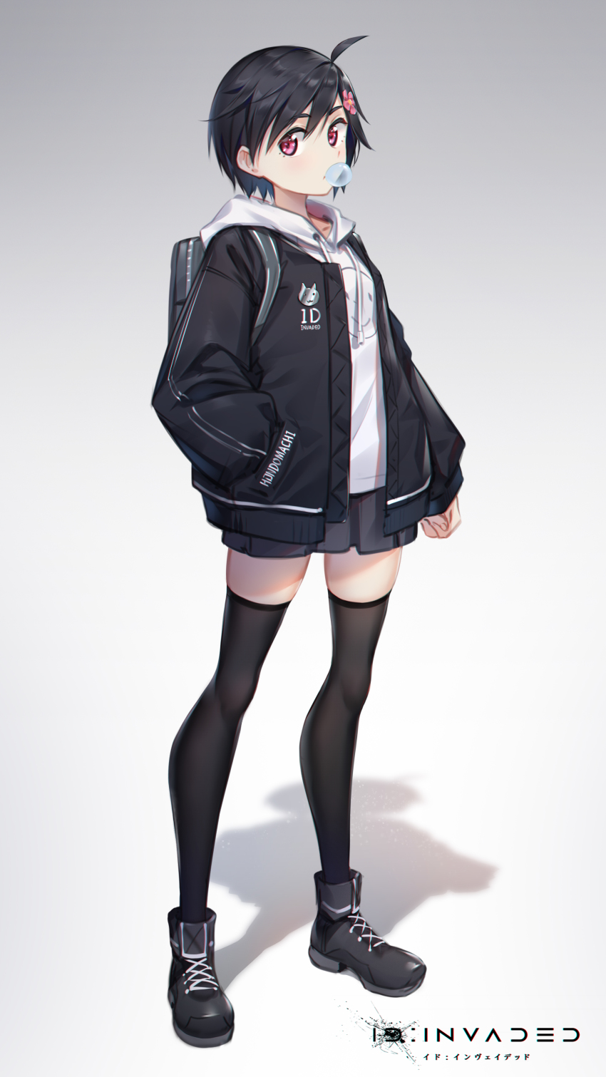 1girl, absurdres, ahoge, arm_at_side, backpack, bag, black_hair, black_jacket