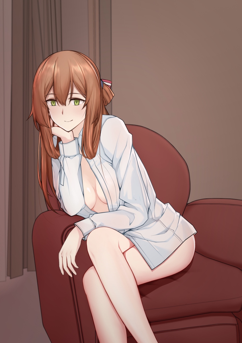1girl, absurdres, armchair, bottomless, breasts, brown_background, brown_hair, chair