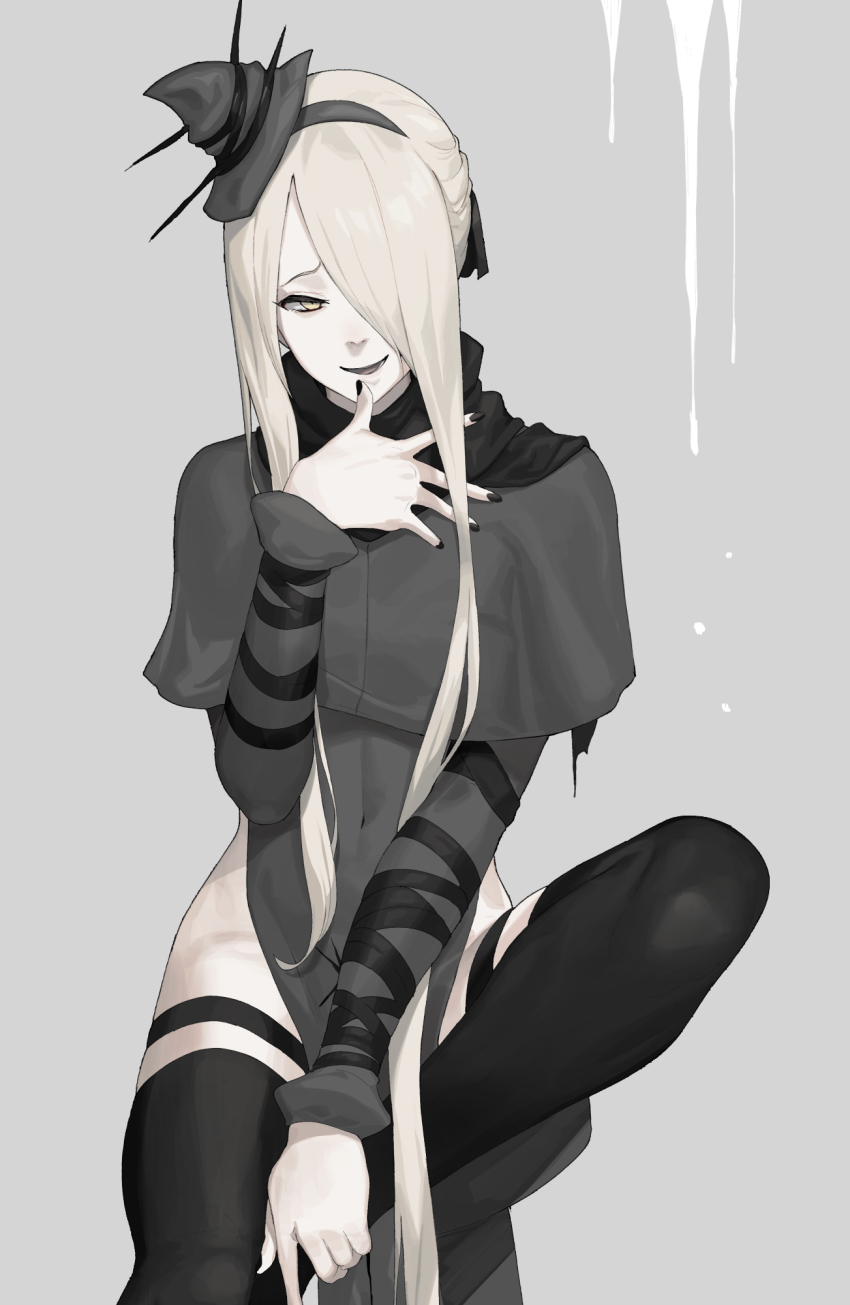 1girl, bandages, bellybutton_visible_through_clothes, black_scarf, black_thighhighs, blonde_hair, female_focus, hair_over_one_eye