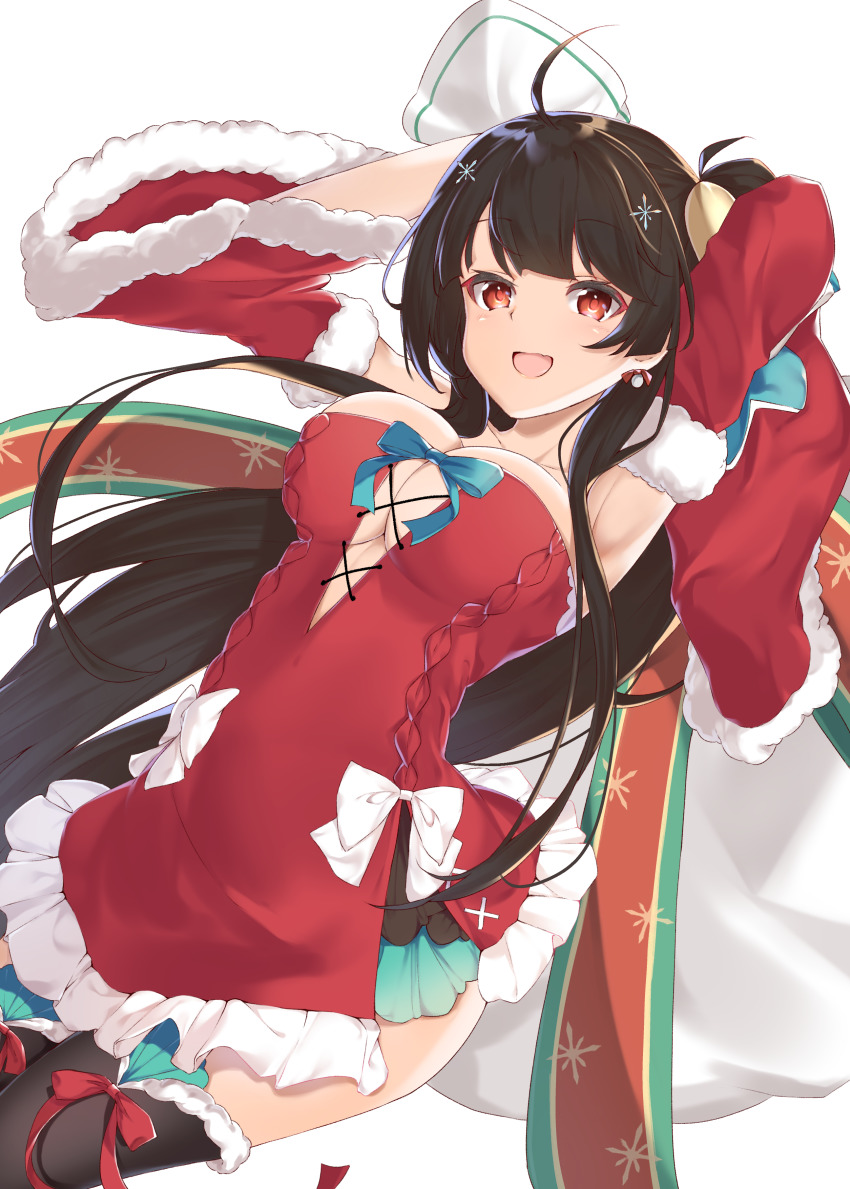 1girl, absurdres, agano_(azur_lane), agano_(christmas_eve_tease)_(azur_lane), armpits, arms_behind_head, azur_lane, bare_shoulders