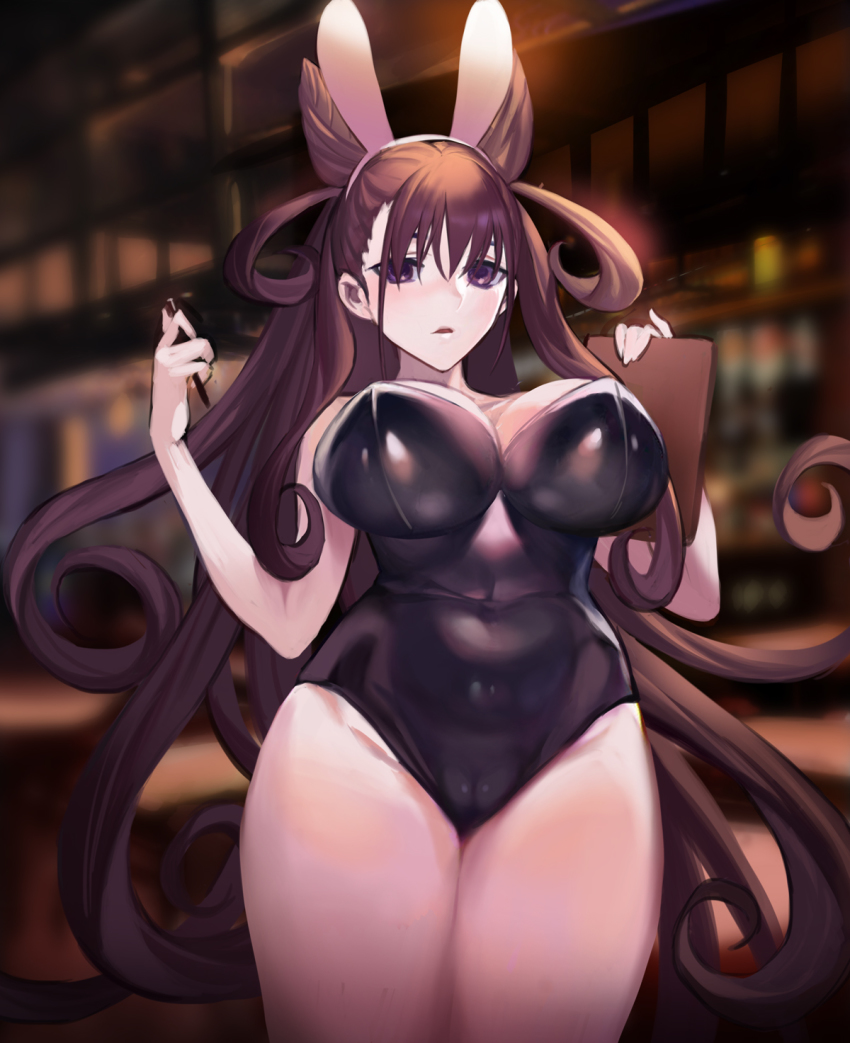 1girl, animal_ears, breasts, brown_hair, cameltoe, cone_hair_bun, curvy, fake_animal_ears