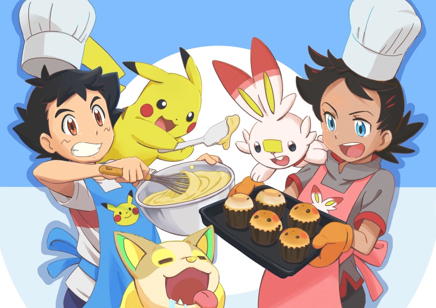 2boys, absurdres, apron, ash_ketchum, black_hair, blue_background, blue_eyes, brown_eyes