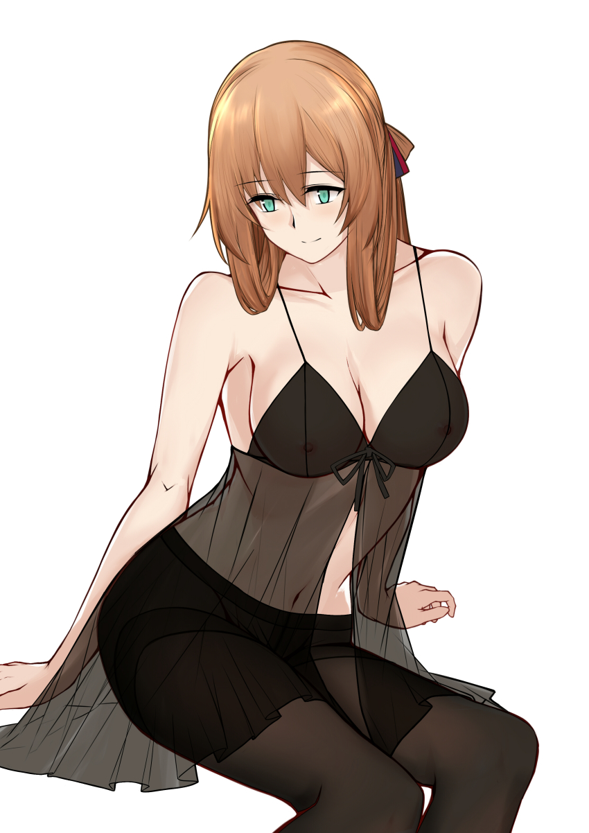 1girl, absurdres, bare_shoulders, black_bra, bow, bra, breasts, brown_hair, cleavage, collarbone, female_focus, girls'_frontline, green_eyes, hair_bow, highres, long_hair, looking_down, macayase, medium_breasts, navel, pantyhose, sitting, smile, solo, springfield_(girls'_frontline), stomach, underwear, white_background