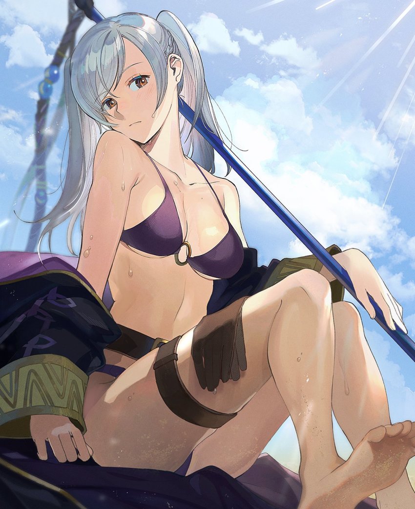 1girl, bare_shoulders, barefoot, bikini, blue_sky, breasts, brown_eyes, brown_gloves, cleavage, cloud, day, feet, female_focus, female_robin_(fire_emblem), fire_emblem, fire_emblem_awakening, fire_emblem_heroes, gloves, highres, intelligent_systems, kyufe, long_sleeves, looking_at_viewer, medium_breasts, navel, nintendo, o-ring, o-ring_bikini, off_shoulder, outdoors, polearm, purple_bikini, robe, sitting, sky, soles, solo, spear, sweat, sweatdrop, swimsuit, thigh_strap, toes, twintails, underboob, weapon, white_hair
