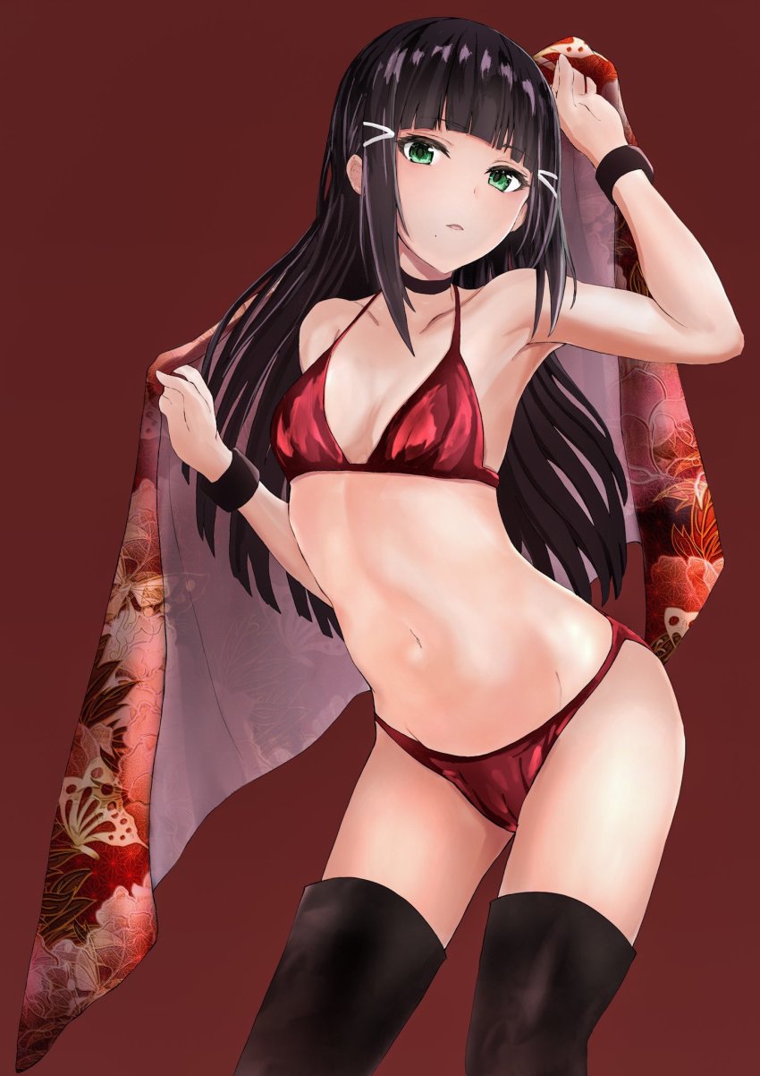 1girl, alumina_(kennmeidesu), arm_up, armband, bad_id, bad_pixiv_id, bikini, black_hair