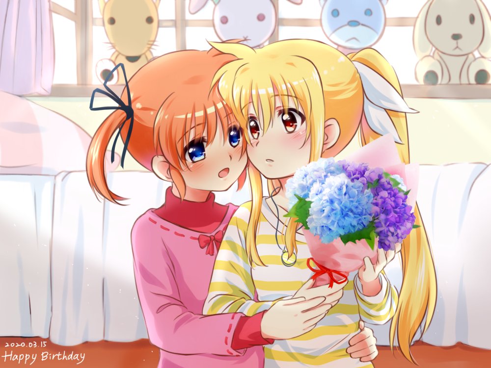 2girls, bedroom, birthday, blonde_hair, bouquet, brown_hair, casual, dated