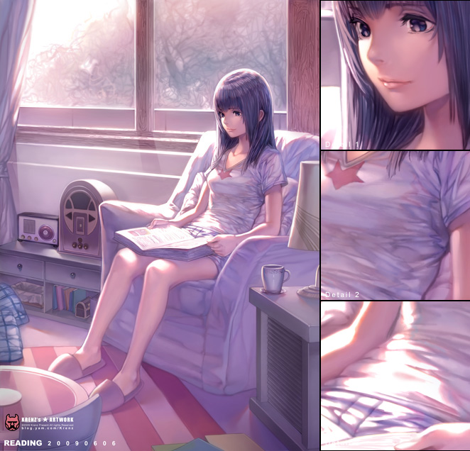 1girl, antique_radio, armchair, bare_legs, black_eyes, black_hair, book, carpet, casual, chair, close-up, cup, curtains, day, desk_lamp, indoors, krenz, lamp, legs, light_smile, lips, long_hair, missing_legwear, open_book, original, plant, radio, reading, sitting, slice_of_life, slippers, window