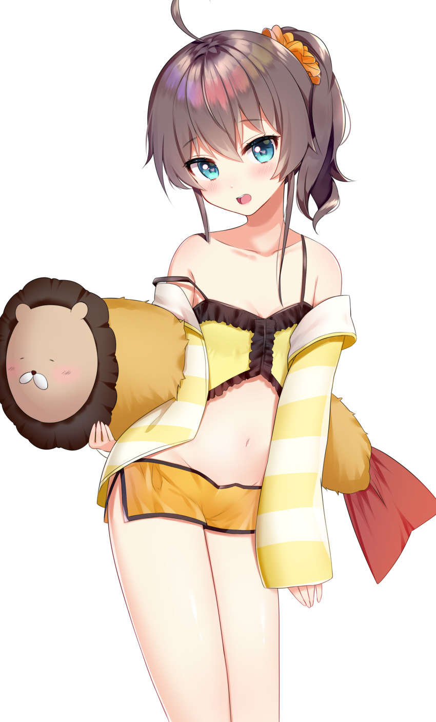 1girl, :o, absurdres, ahoge, bare_shoulders, blue_eyes, brown_hair, camisole