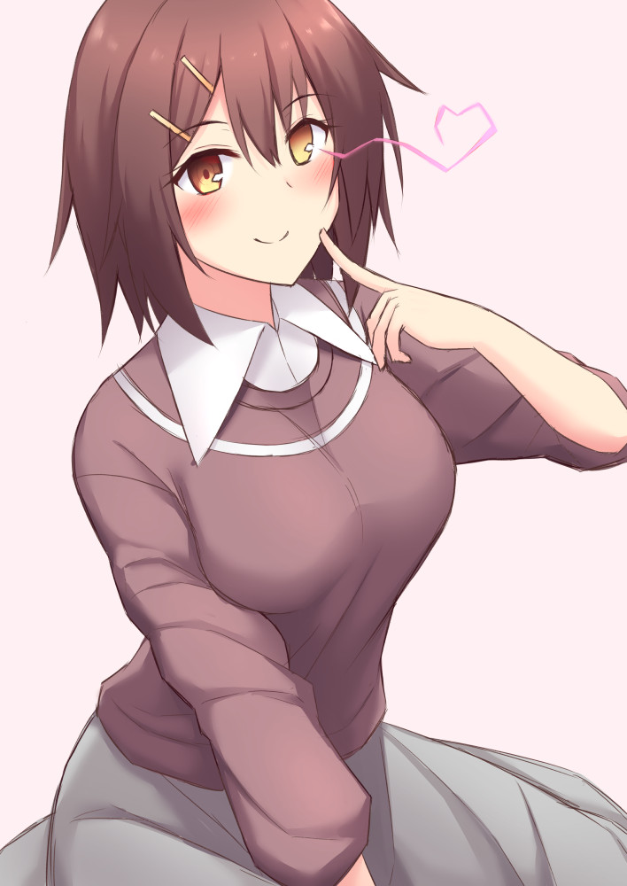 1girl, akahi_(akahi242), alternate_costume, blush, brown_hair, brown_sweater, casual, female_focus