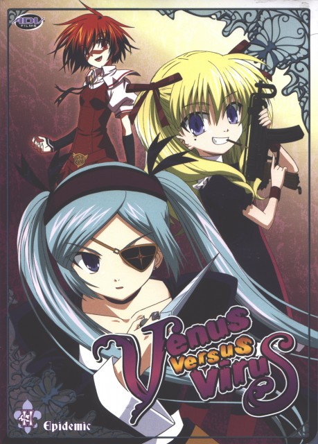 00s, 3girls, blonde_hair, blue_eyes, blue_hair, crazy, crazy_eyes, eyepatch