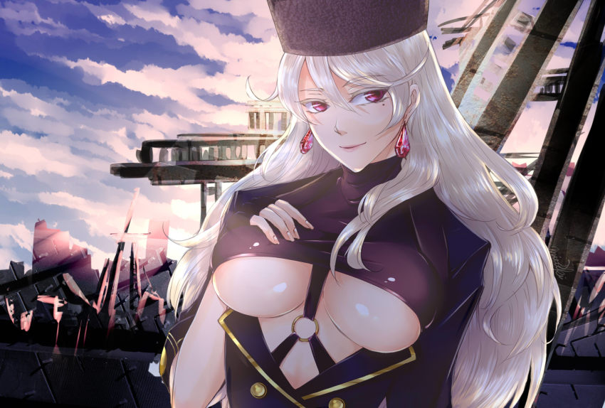 1girl, breasts, cleavage, earrings, female_focus, girls'_frontline, hand_on_own_chest, hat