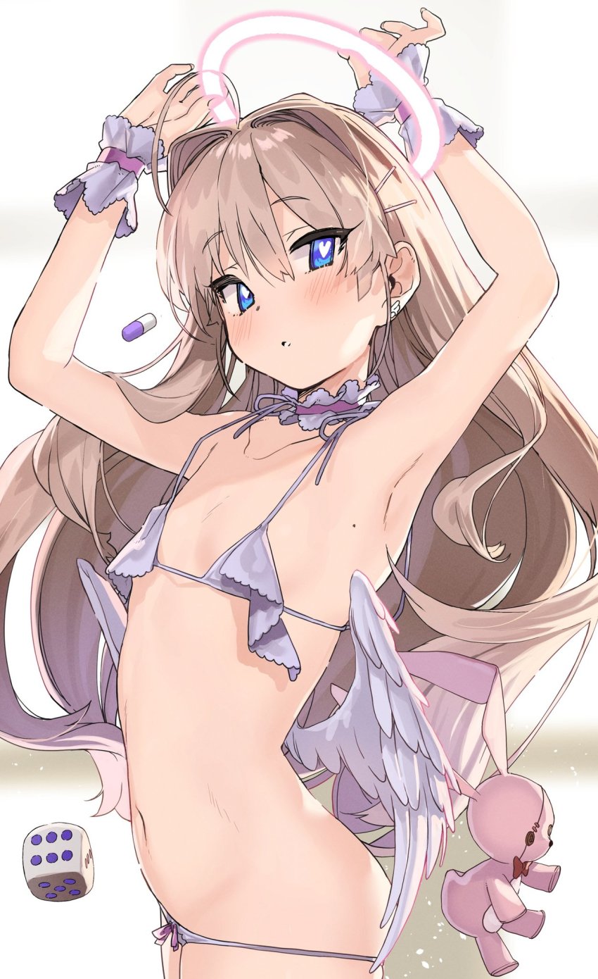 1girl, ahoge, angel_wings, armpits, bikini, blush, brown_hair, copyright_request, cuffs, earrings, female_focus, flat_chest, hair_ornament, hairclip, halo, heart, heart-shaped_pupils, highres, jewelry, kanzarin, long_hair, looking_at_viewer, micro_bikini, pill, simple_background, solo, swimsuit, symbol-shaped_pupils, white_bikini, wing_earrings, wings