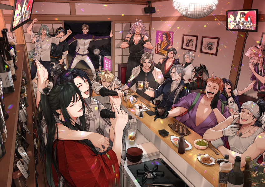 6+boys, ^_^, alcohol, amazake_(drink), aqua_hair, bandana, bar_(place), beer