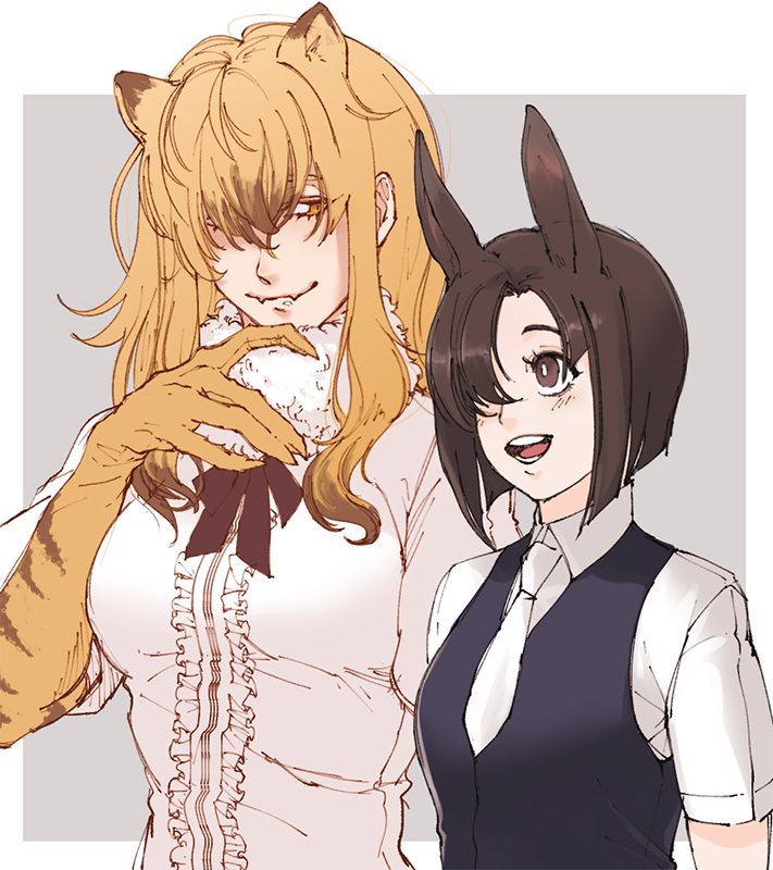 2girls, animal_ears, animal_print, arai-san_mansion, blonde_hair, brown_eyes, brown_hair, carnivore_(kemono_friends)_(abubu)