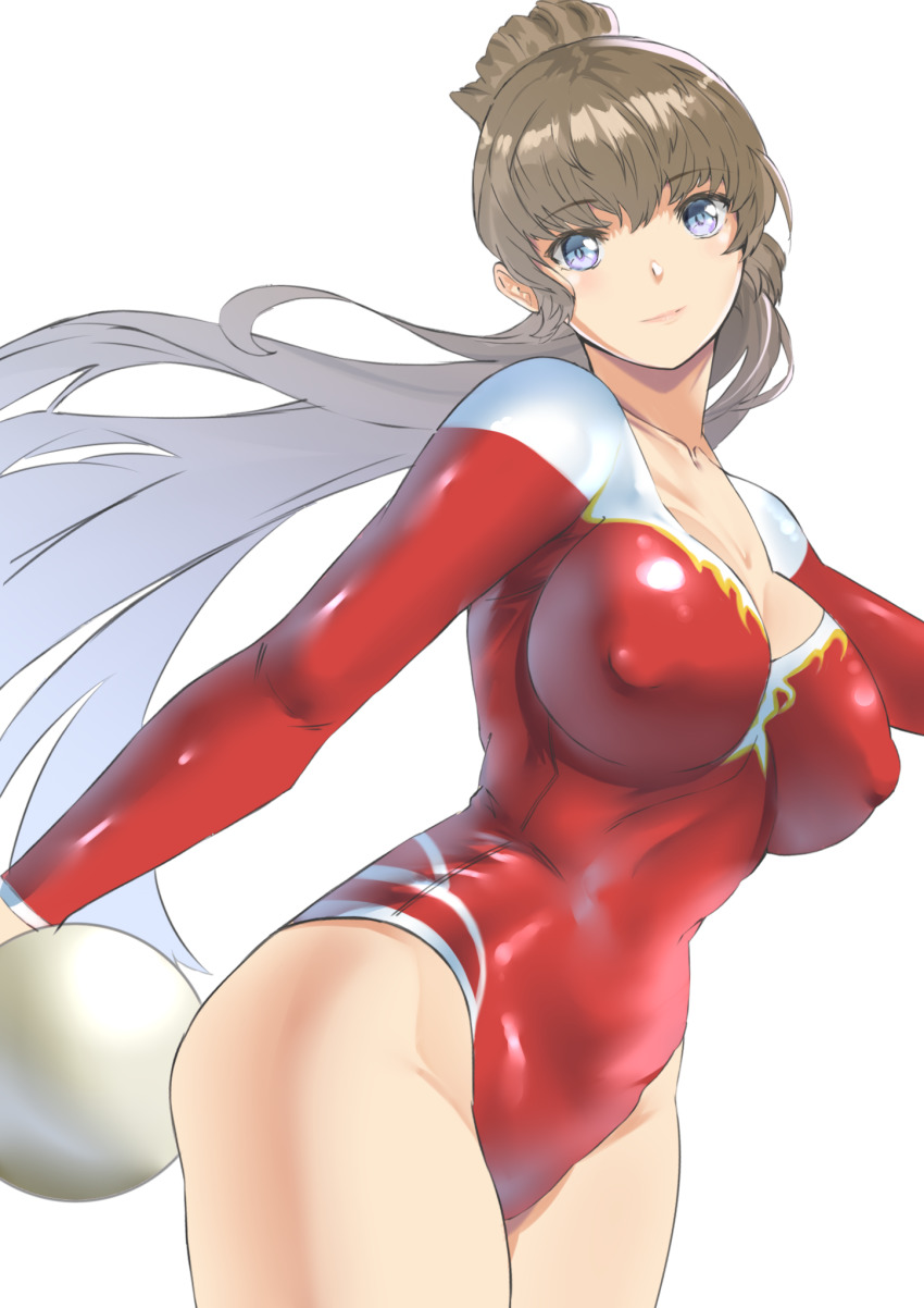 1girl, ball, blue_eyes, breasts, brown_hair, cleavage, copyright_request, covered_erect_nipples, female_focus, gymnastics, highleg, highleg_leotard, highres, ituki_rin, large_breasts, leotard, long_hair, looking_at_viewer, red_leotard, rhythmic_gymnastics, simple_background, solo, standing, white_background