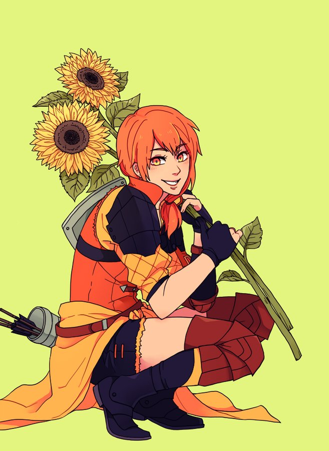 1girl, alisha_(heirror), armor, arrow_(projectile), black_gloves, female_focus, fingerless_gloves, fire_emblem, fire_emblem:_three_houses, flower, gloves, holding, holding_flower, leonie_pinelli, looking_at_viewer, matching_hair/eyes, nintendo, orange_eyes, orange_hair, partially_fingerless_gloves, quiver, shield, short_hair, shorts, shoulder_armor, side_ponytail, simple_background, smile, solo, sunflower, waist_cape
