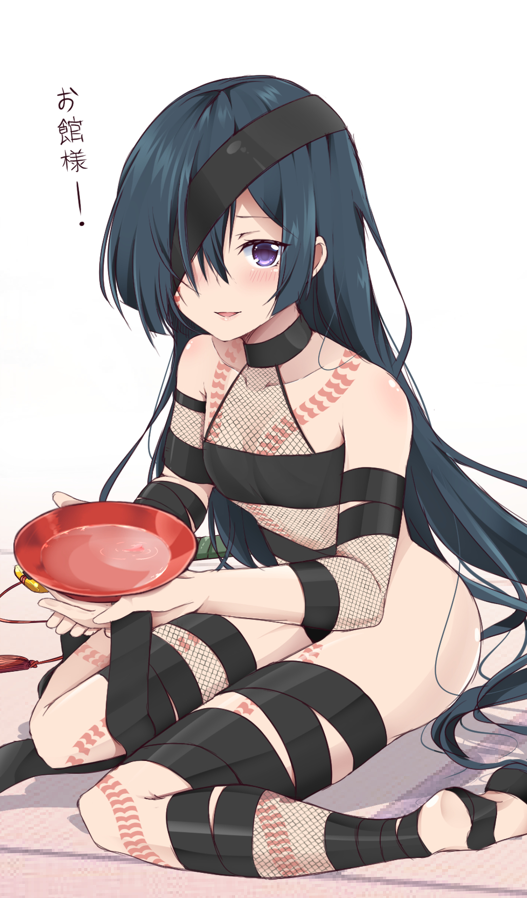 1girl, alcohol, bare_shoulders, black_hair, black_ribbon, blush, breasts, collarbone