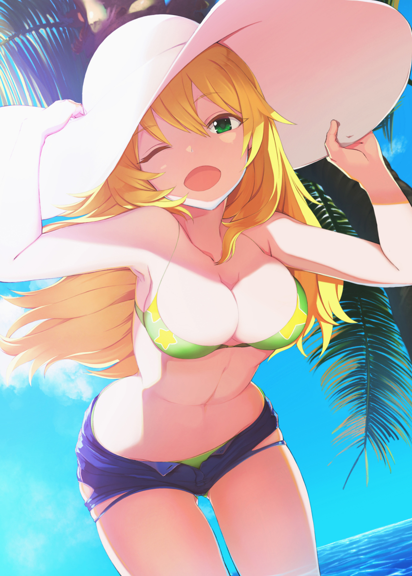 1girl, ;d, absurdres, armpits, arms_up, bikini, bikini_under_clothes, blonde_hair