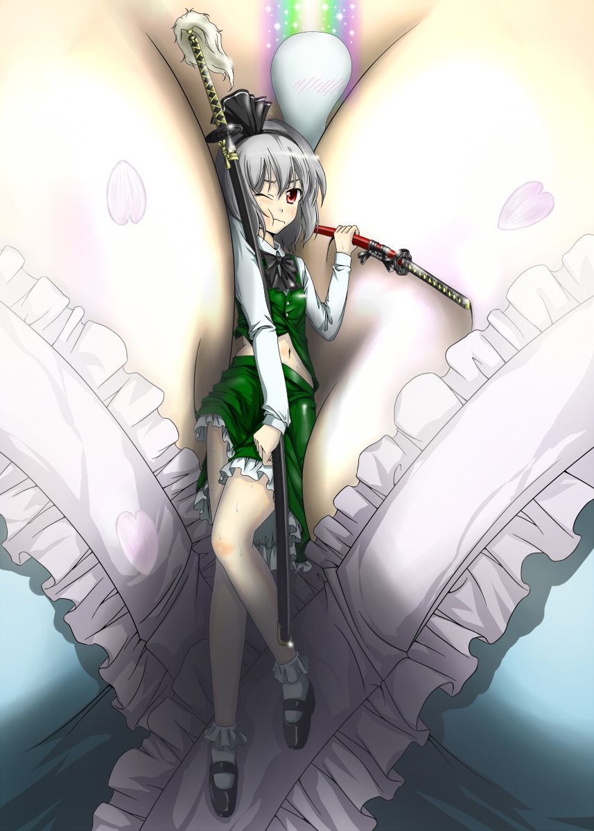 2girls, :t, bad_id, bad_pixiv_id, between_breasts, blush, bobby_socks, bow