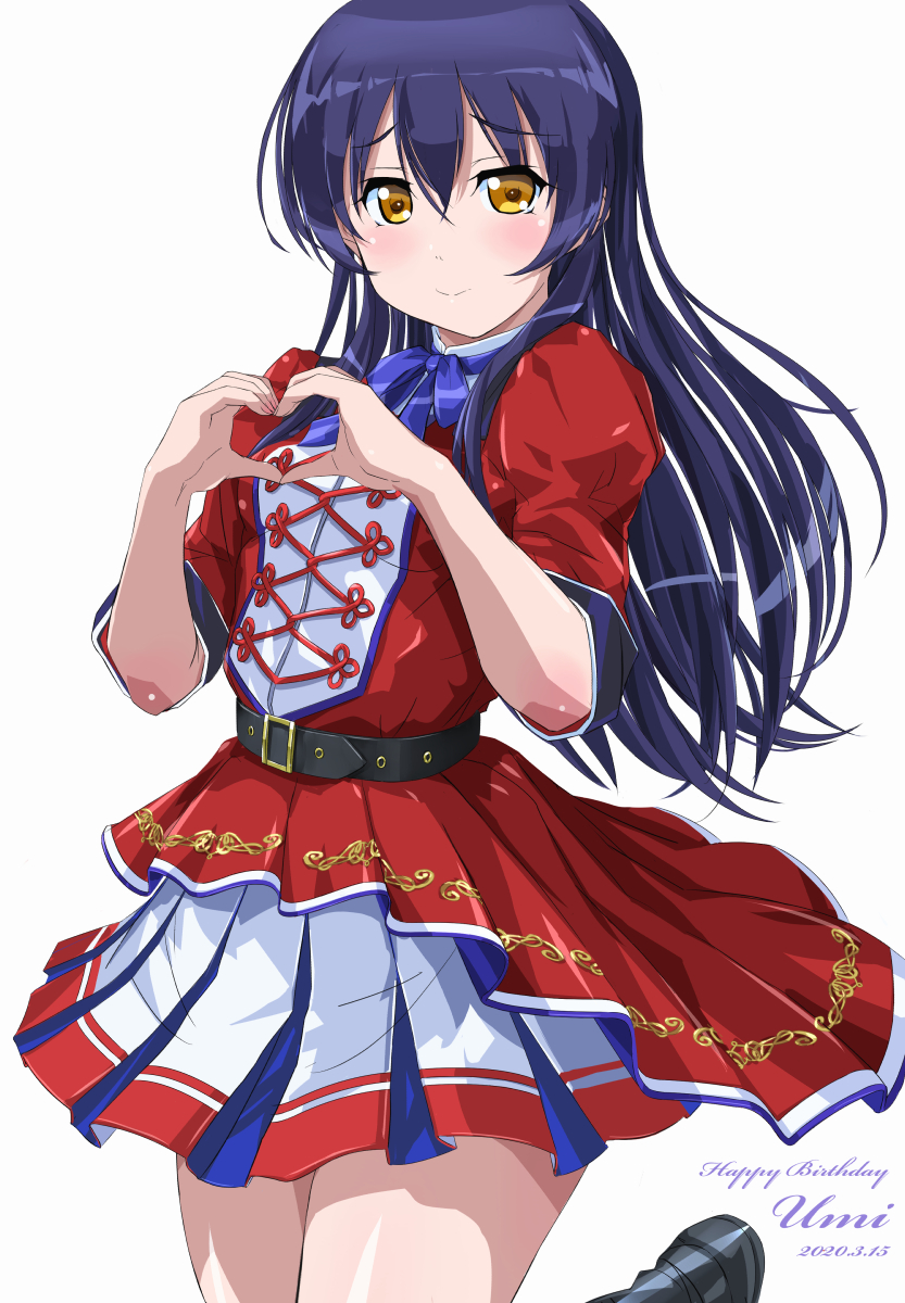 1girl, aqours_utd, artist_name, artist_request, bare_legs, belt, black_belt, blue_hair, blue_ribbon, blush, bow, collared_shirt, dress, female_focus, hair_between_eyes, hair_bow, hair_ornament, heart, heart_hands, highres, long_hair, looking_at_viewer, love_live!, love_live!_school_idol_festival, love_live!_school_idol_project, nail_polish, nails, neck_ribbon, parted_lips, pink_nails, red_dress, red_skirt, ribbon, shirt, shoes, short_sleeves, skirt, smile, solo, sonoda_umi, standing, standing_on_one_leg, white_background, yellow_eyes